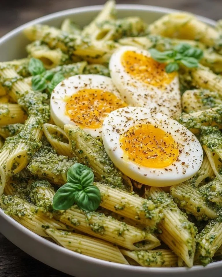 Assiette de penne au pesto et œufs, plat savoureux et coloré.