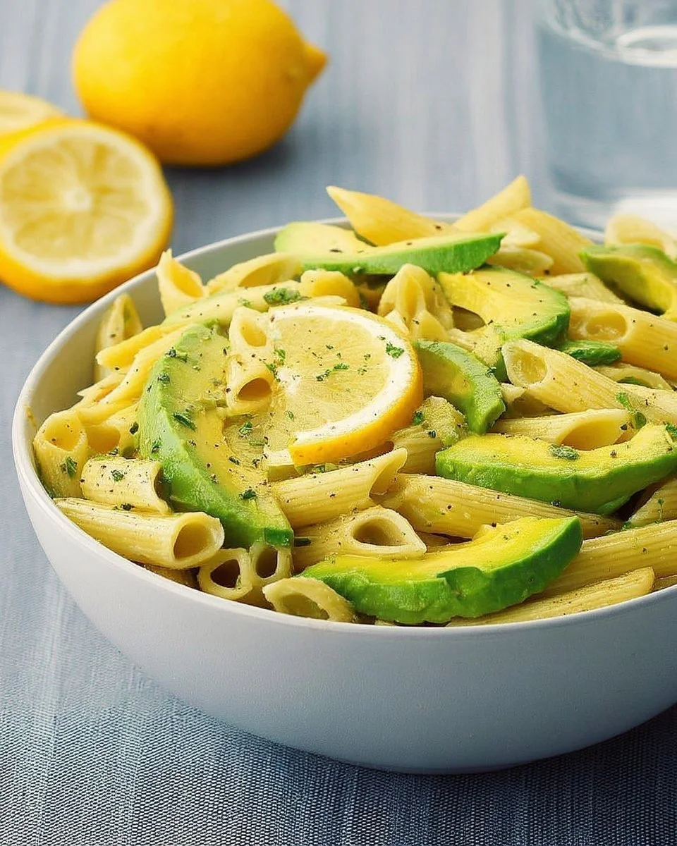 Penne avocat-citron servi dans une assiette avec garniture