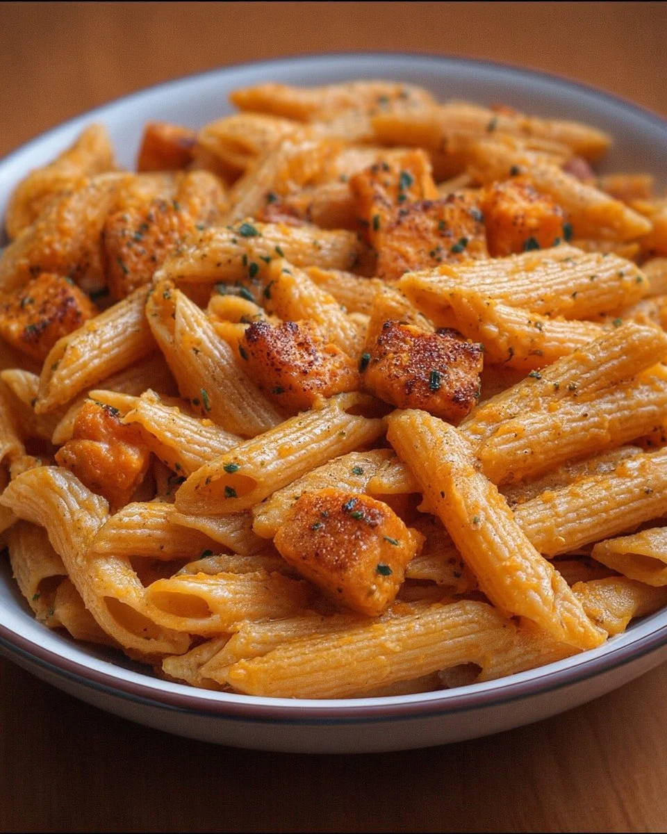 Penne butternut rôties servies avec des herbes fraîches et du parmesan