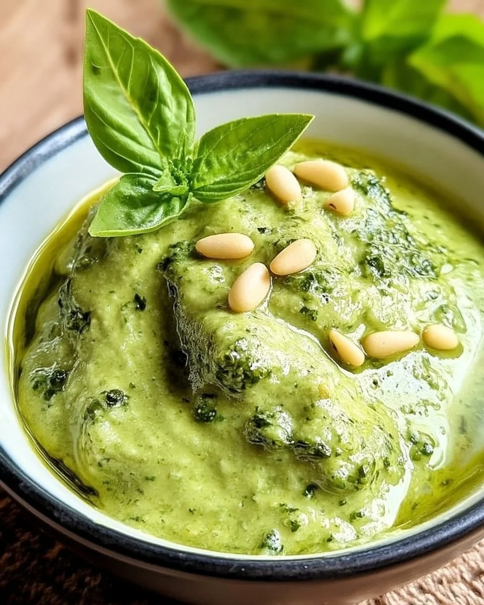 Pesto crémeux au basilic et pignons dans un bol, prêt à être utilisé