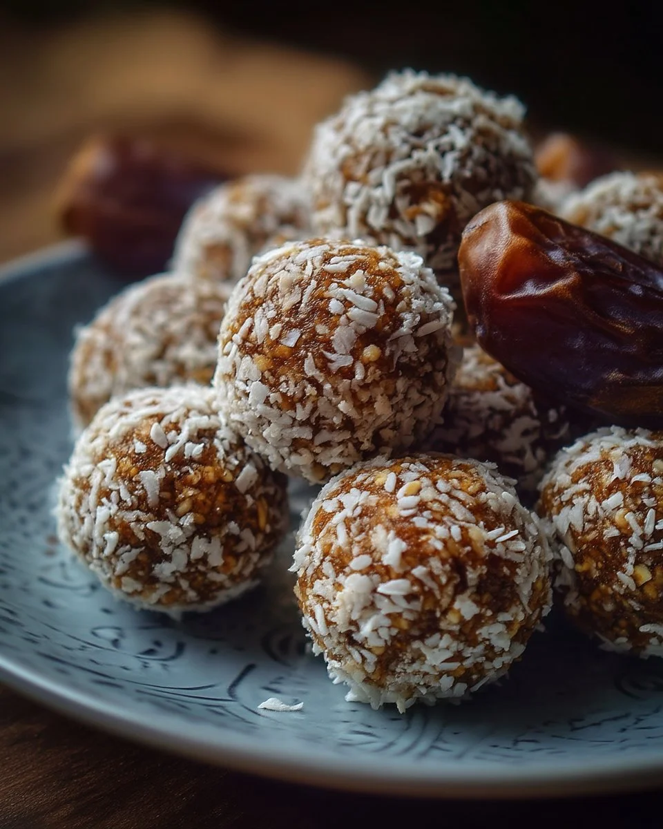 Petites boules d'énergie aux dattes sur une assiette