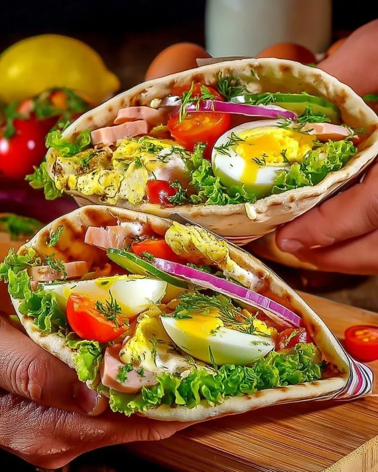 Pita aux œufs et légumes frais sur une assiette colorée