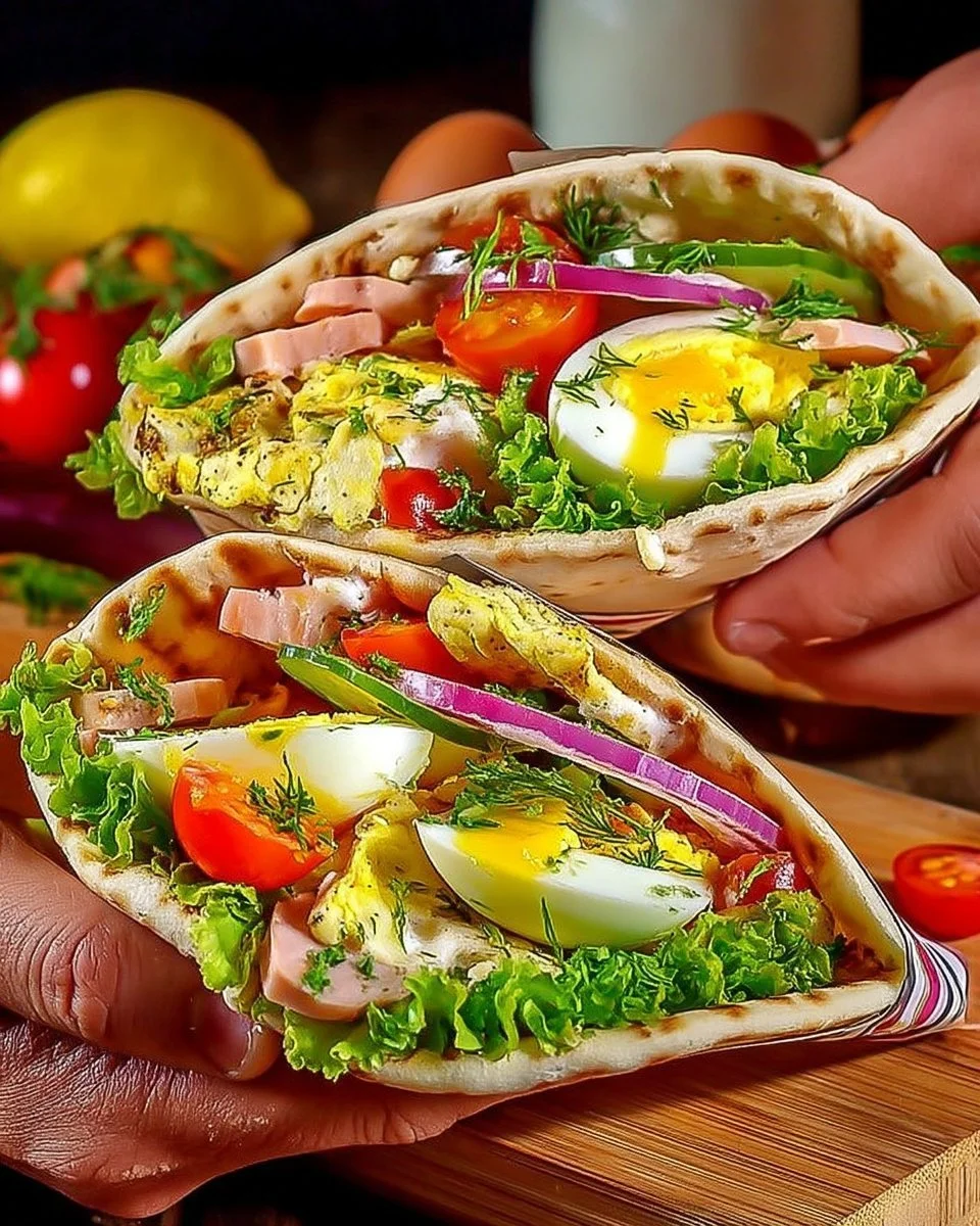 Pita aux œufs et légumes frais sur une assiette colorée