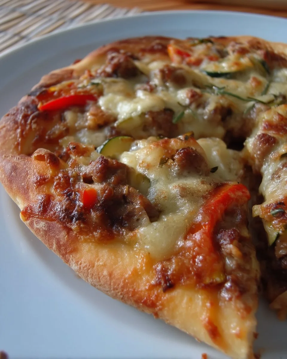 Pizza garnie de saucisse et de poivrons rôtis, une recette savoureuse et réconfortante.