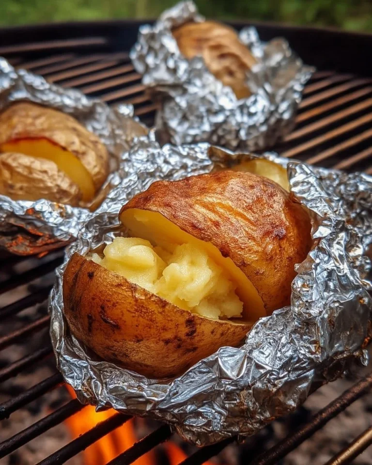 Pommes de terre en papillote cuites au barbecue, prêtes à servir.