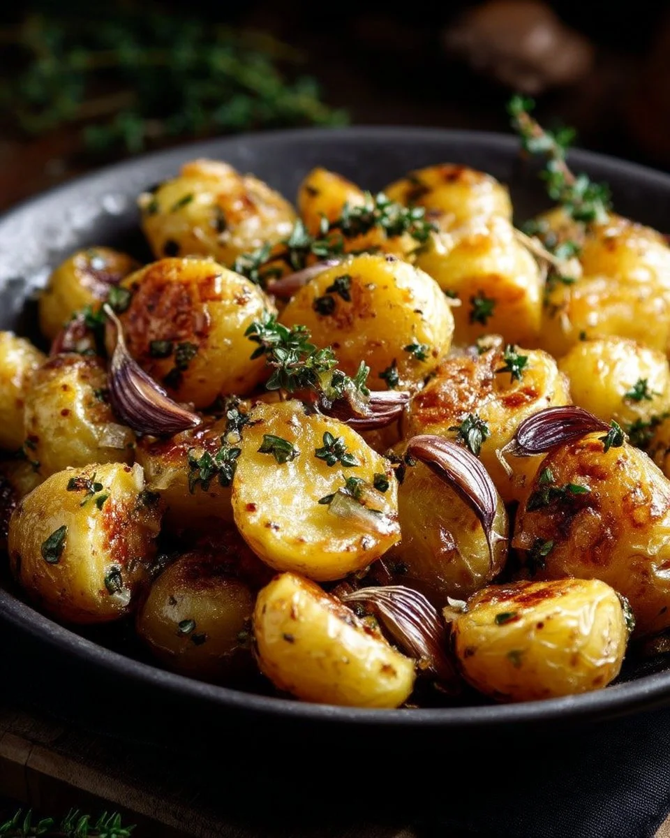 Pommes de terre grenaille rôties à l'ail et au thym sur un plat