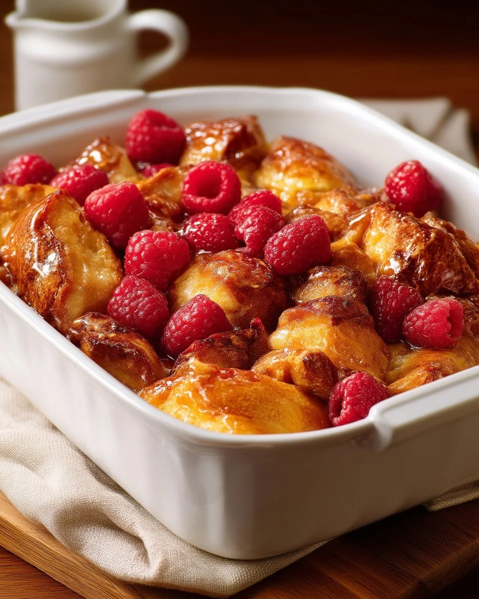 Pouding aux croissants avec érable et framboises, un dessert délicieux