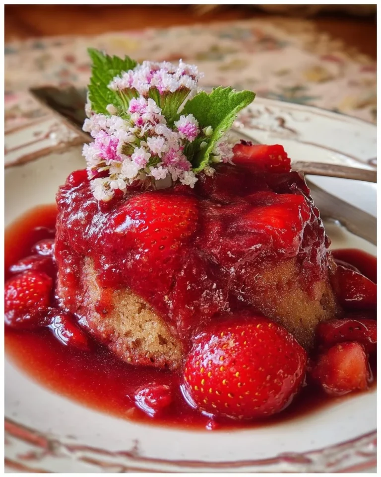 Pouding chômeur aux fraises servi dans un bol en porcelaine