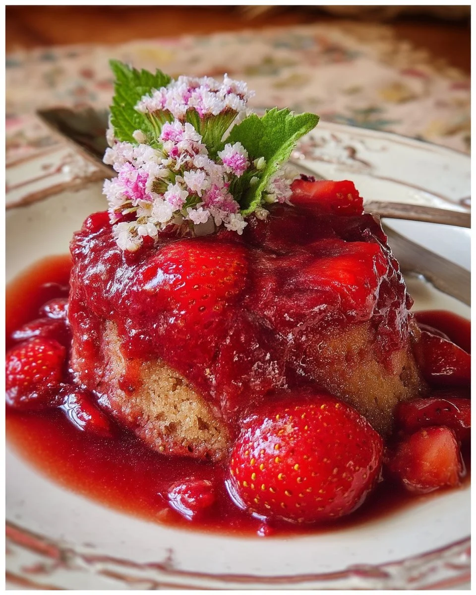 Pouding chômeur aux fraises servi dans un bol en porcelaine