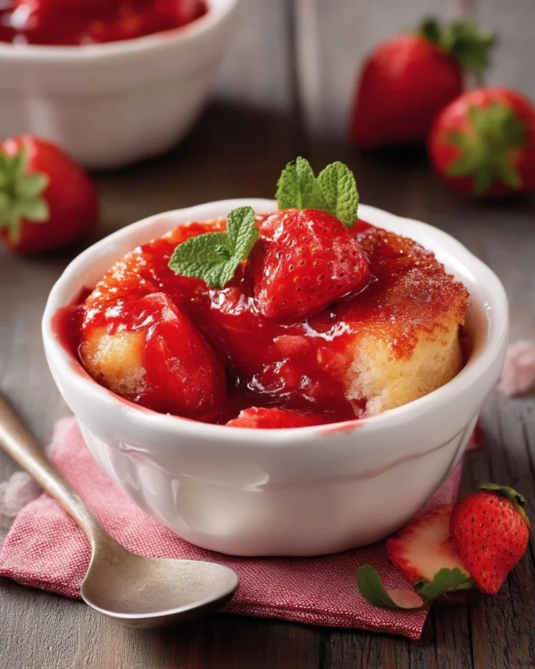Pouding chômeur aux fraises, un dessert gourmand et réconfortant.