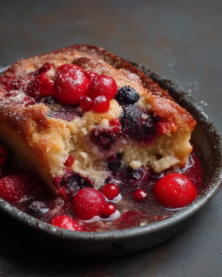Pouding chômeur aux fruits rouges servi dans un plat classique.