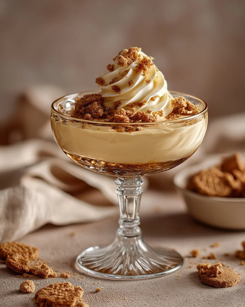Pouding à l'érable avec crumble et chantilly sur une assiette élégante.