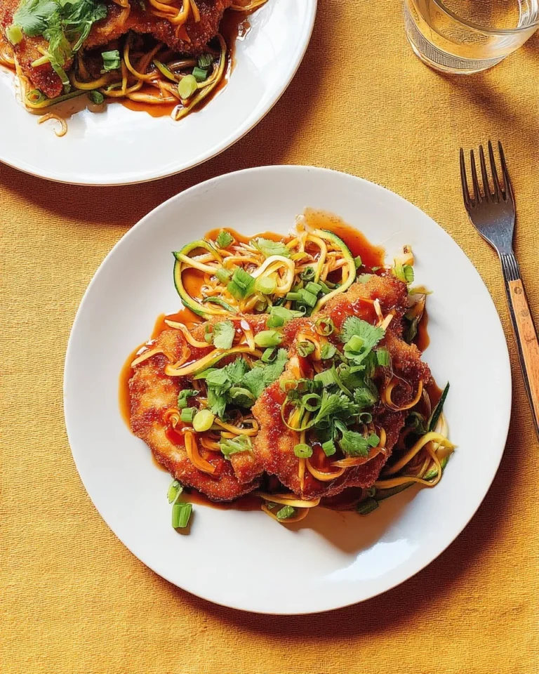 Poulet pané accompagné de nouilles de légumes et vinaigrette tao dans un plat coloré.