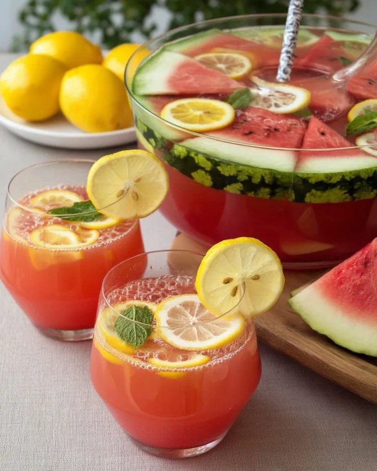 Punch pastèque-citron rafraîchissant dans un verre avec des morceaux de pastèque et citron.