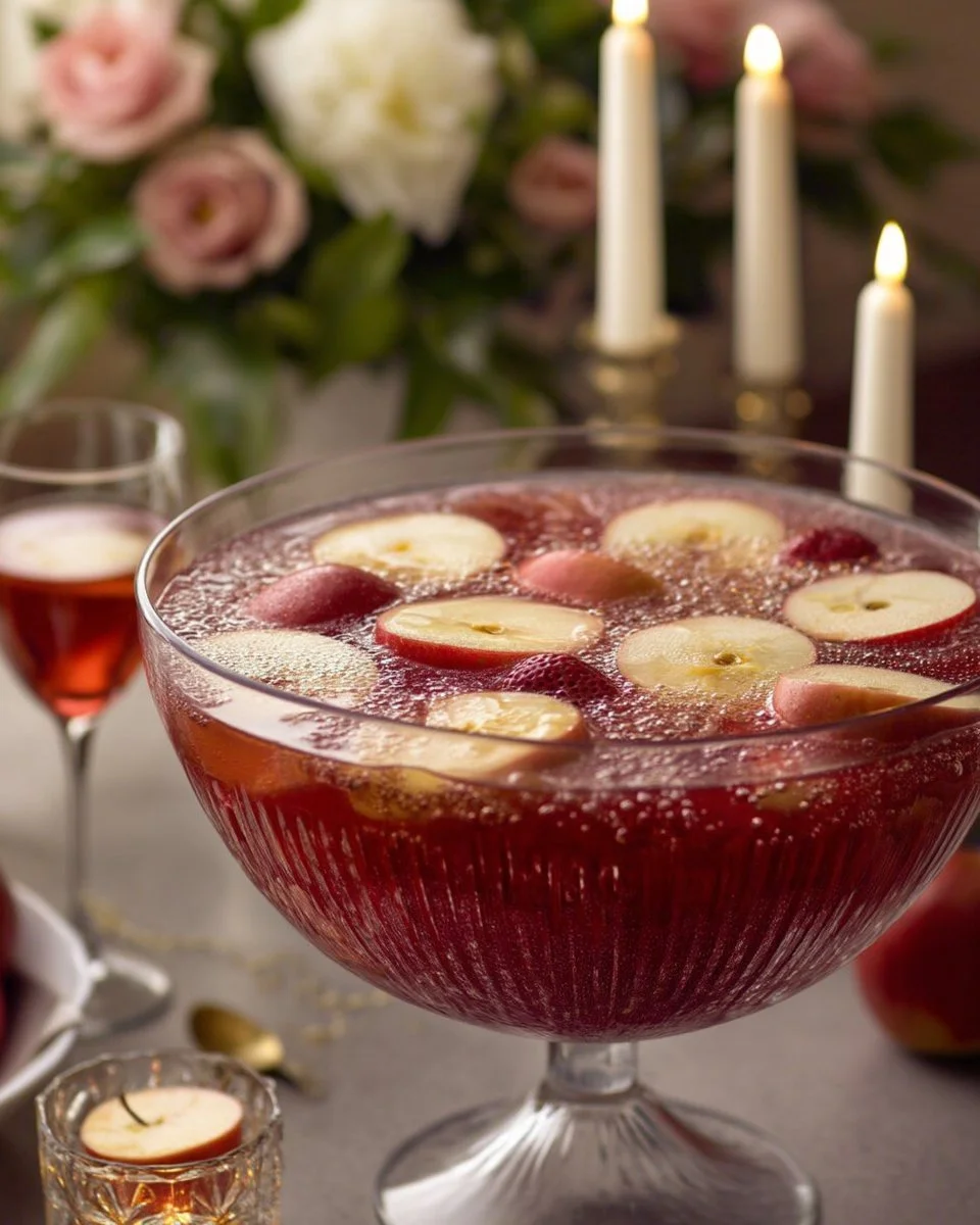 Verre de Punch pomme pétillante, boisson fruitée et pétillante idéale pour les fêtes.