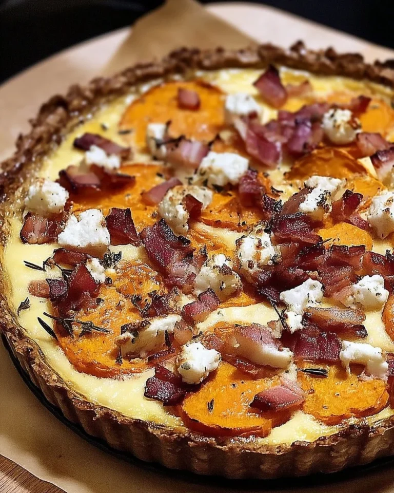 Quiche à la patate douce avec lardons et fromage de chèvre