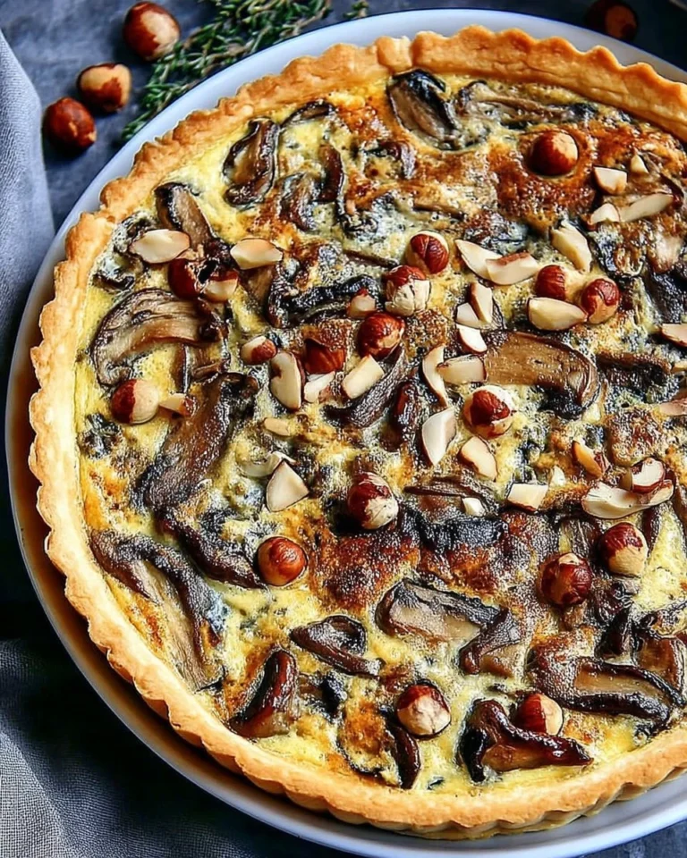 Quiche aux champignons grillés et noisettes croquantes sur une assiette