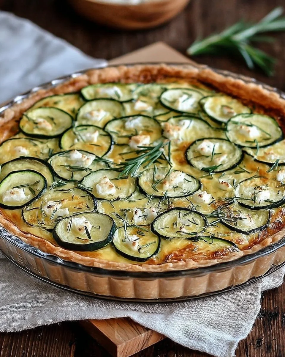 Quiche aux courgettes et fromage de chèvre doré, plat savoureux et appétissant.