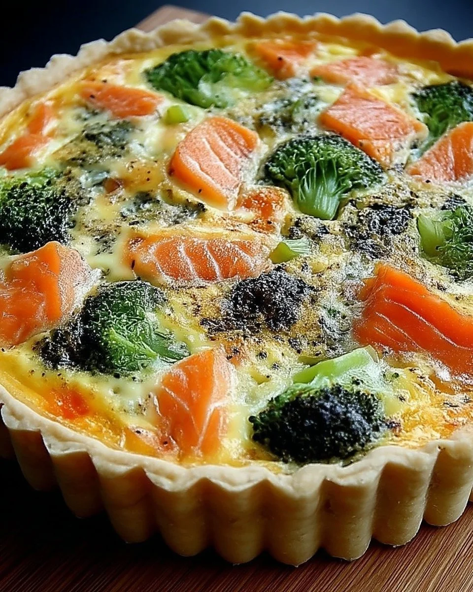 Quiche au saumon et brocoli, savoureuse et gourmande, prête à être dégustée.
