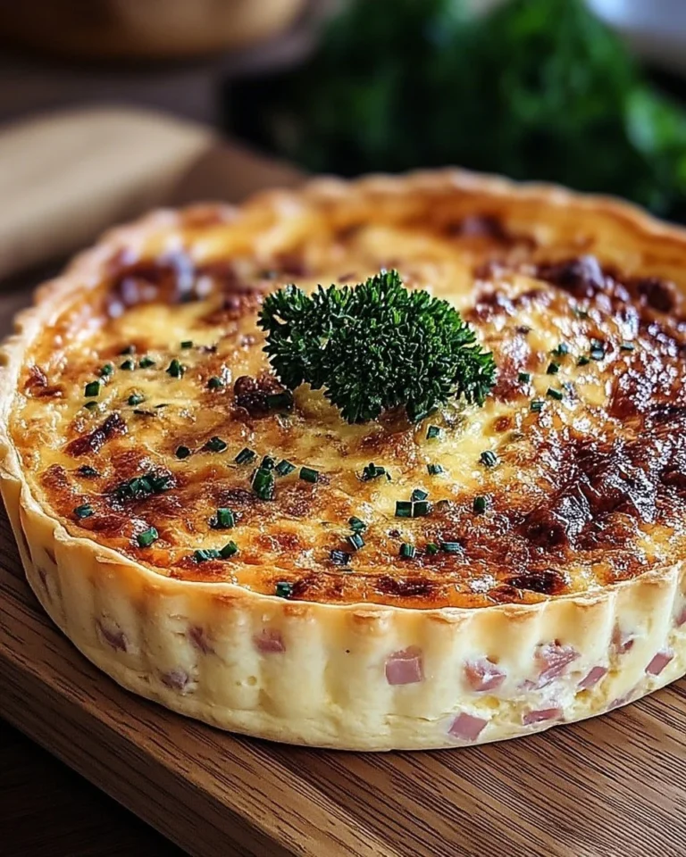 Quiche Lorraine traditionnelle garnie de lardons, crème et fromage