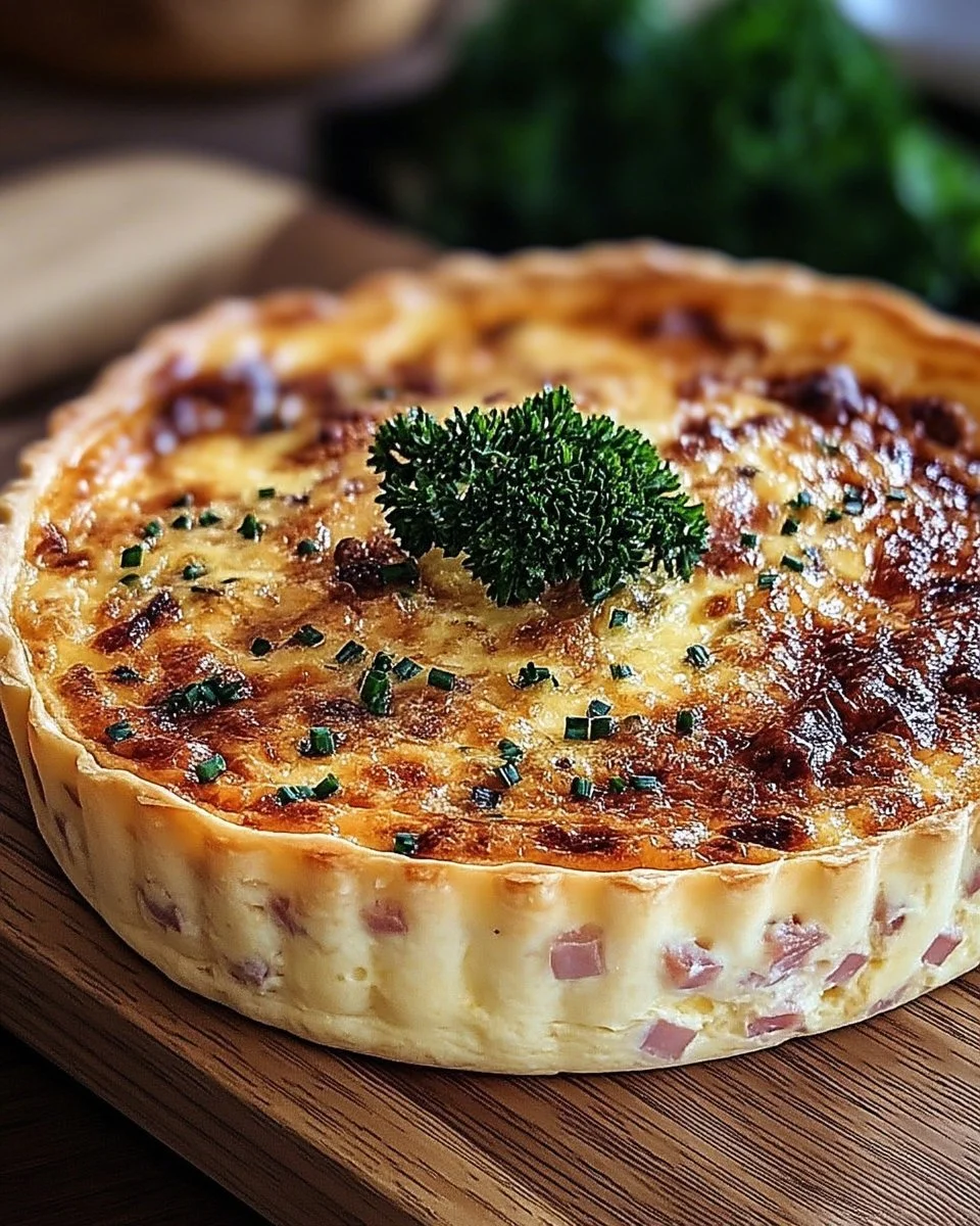 Quiche Lorraine traditionnelle garnie de lardons, crème et fromage