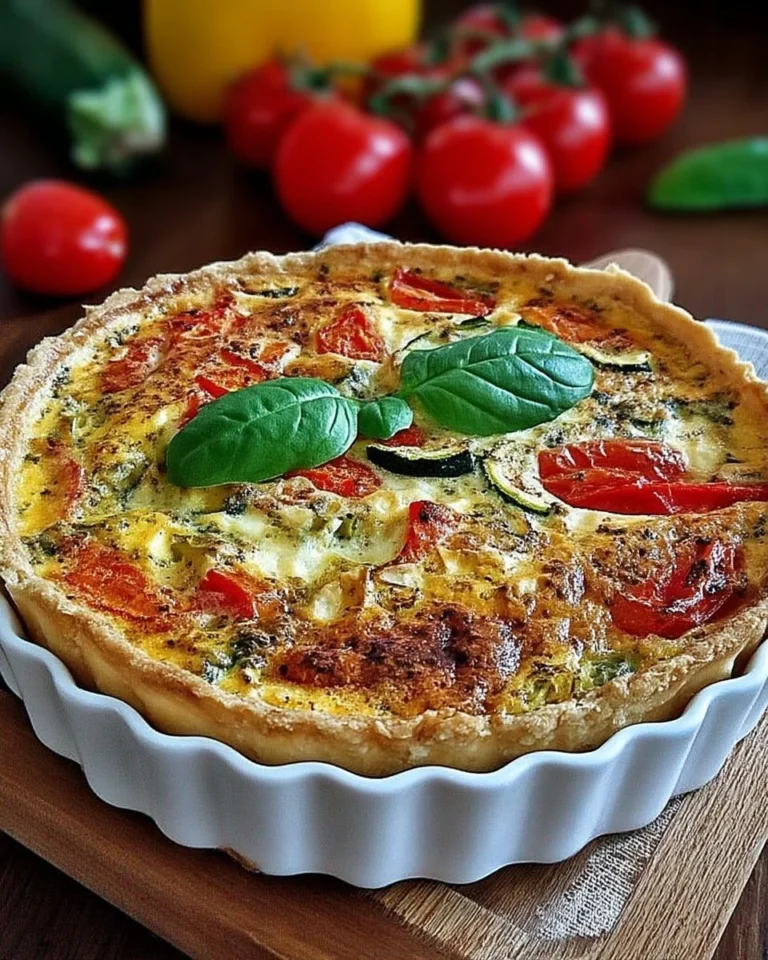 Quiche Méditerranéenne aux Légumes du Soleil, garnie de légumes frais et colorés.