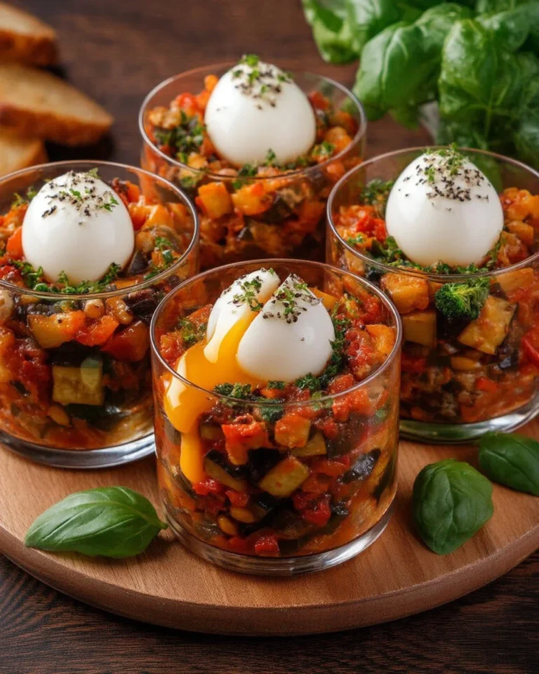 Ratatouille accompagnée d'œuf mollet et de basilic frais, plat coloré et savoureux.