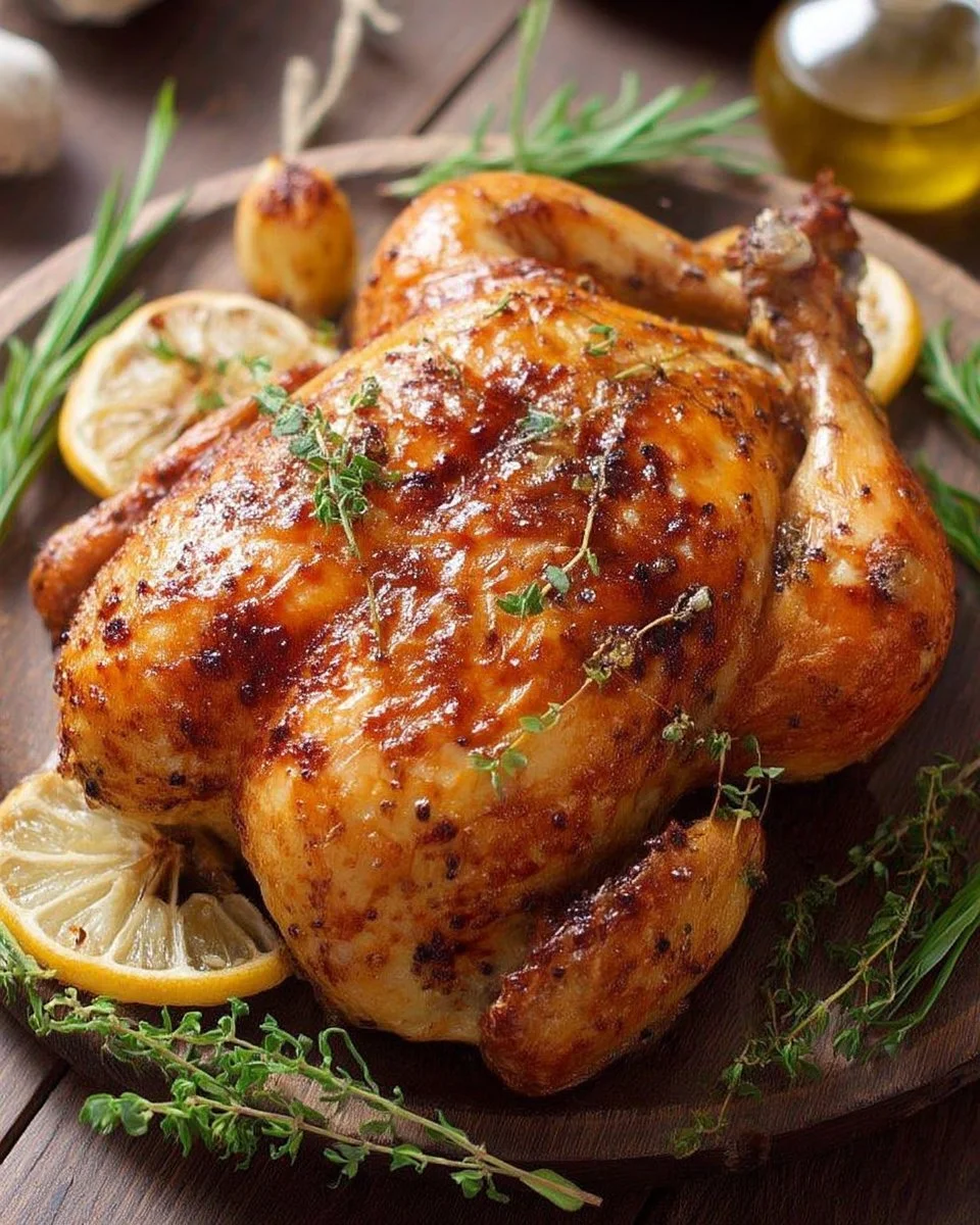 Recette de poulet rôti au miel, citron et thym, plat savoureux et réconfortant.