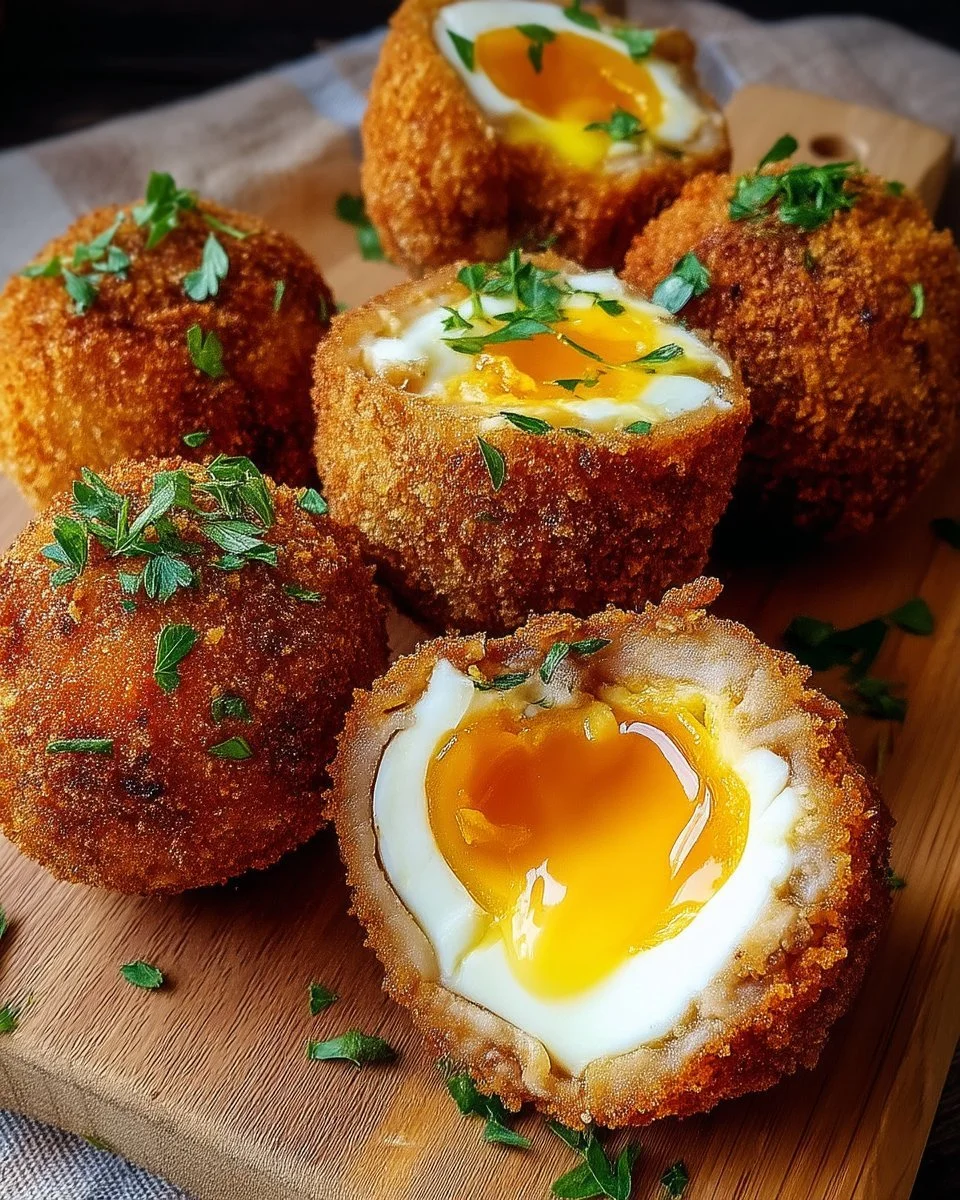 Scotch Eggs croustillants avec un cœur fondant, recette délicieuse et appétissante.