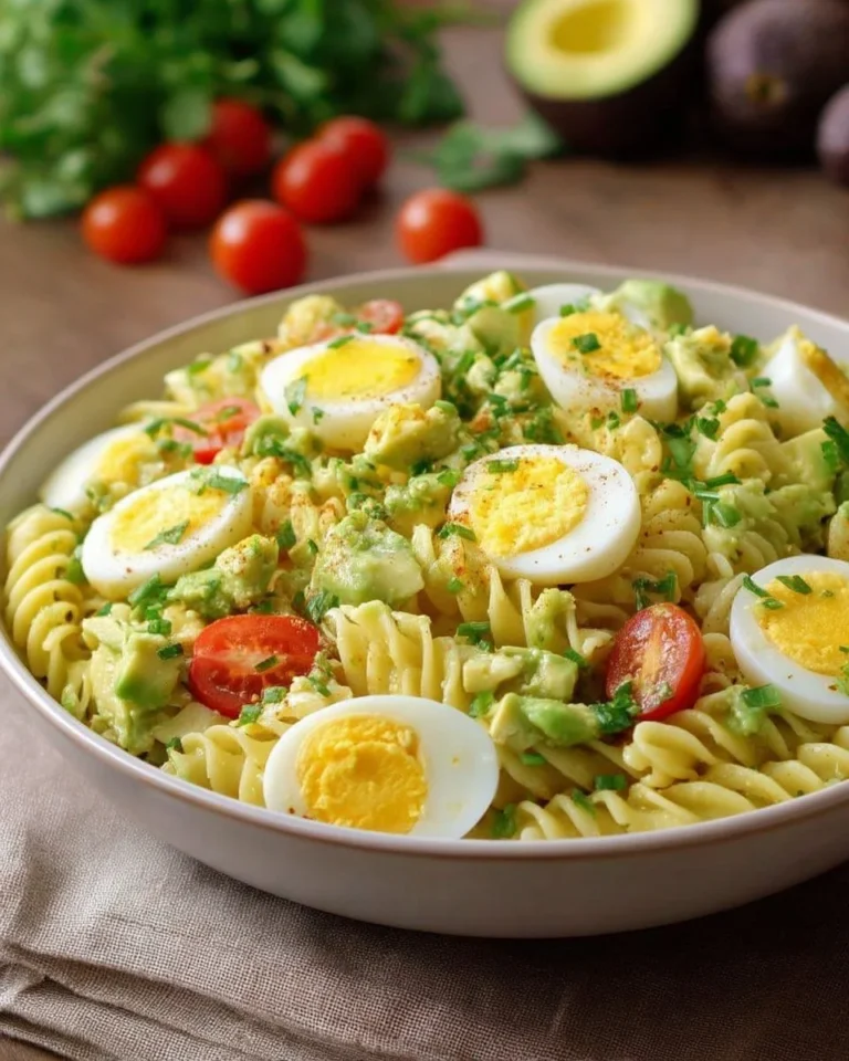 Plat de pasta avocat-œuf garni de légumes frais et épices.