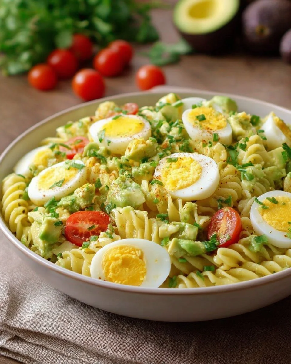 Plat de pasta avocat-œuf garni de légumes frais et épices.