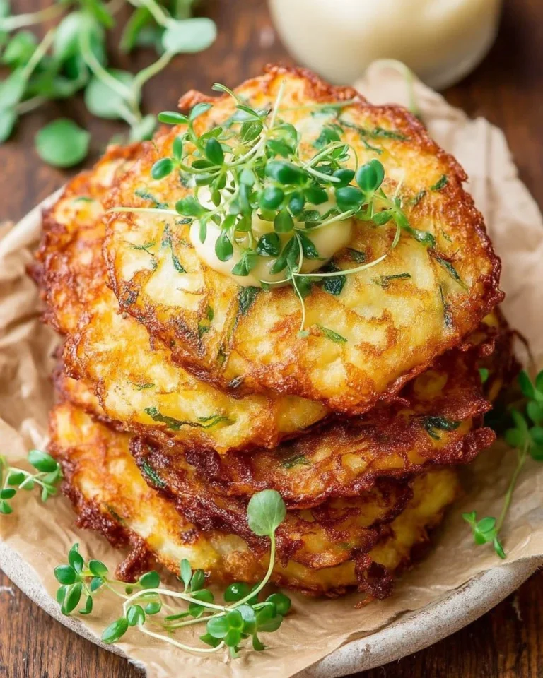 Galettes de pommes de terre croustillantes aux herbes sur une assiette.
