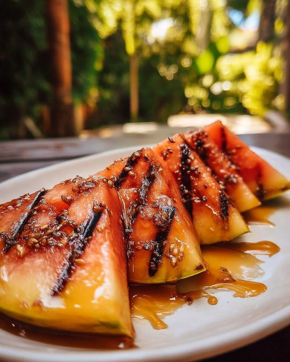 Melon grillé avec miel et caramel léger sur une assiette