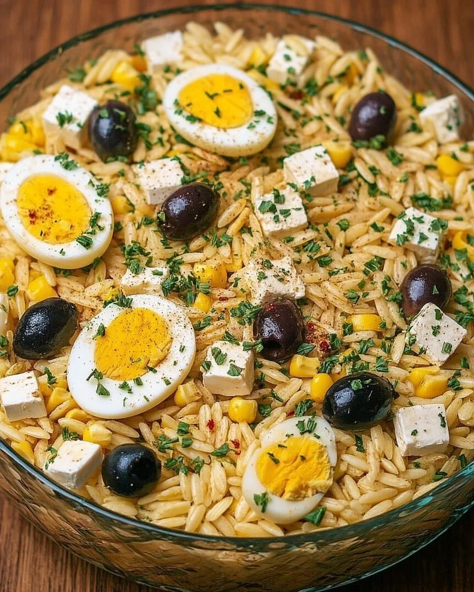 Plat d'orzo avec œufs, feta et olives garni de légumes frais