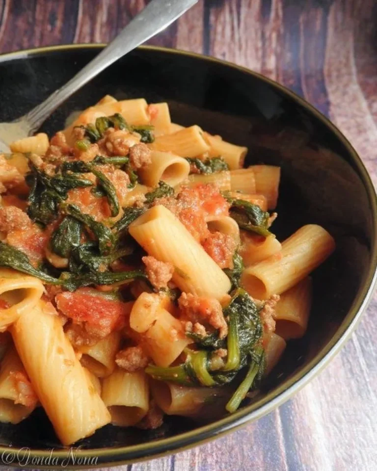 Rigatoni crémeux avec saucisse, épinards et sauce tomate dans un plat savoureux