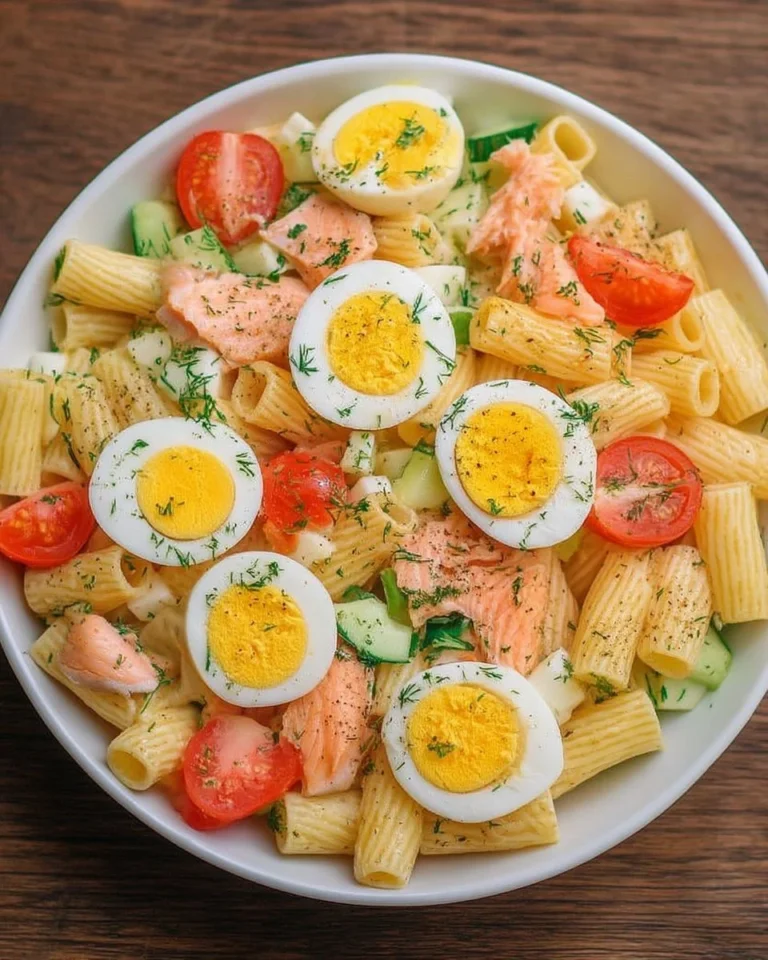 Salade de rigatoni avec œufs et saumon, un plat coloré et nutritif