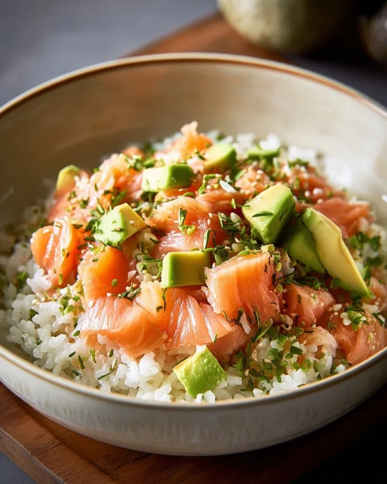 Riz frais avec truite fumée et avocat présenté dans une assiette
