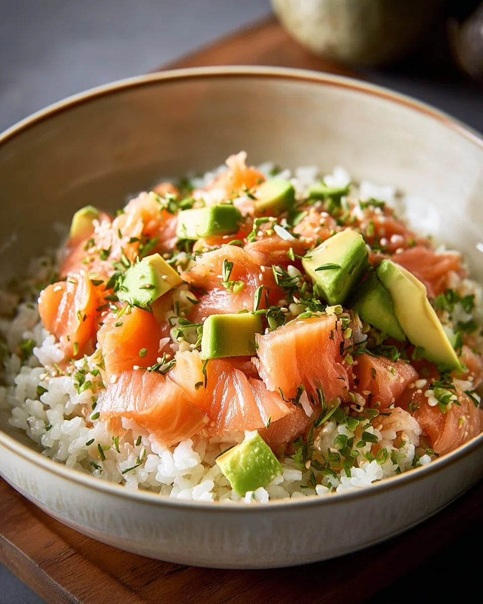 Riz frais avec truite fumée et avocat présenté dans une assiette