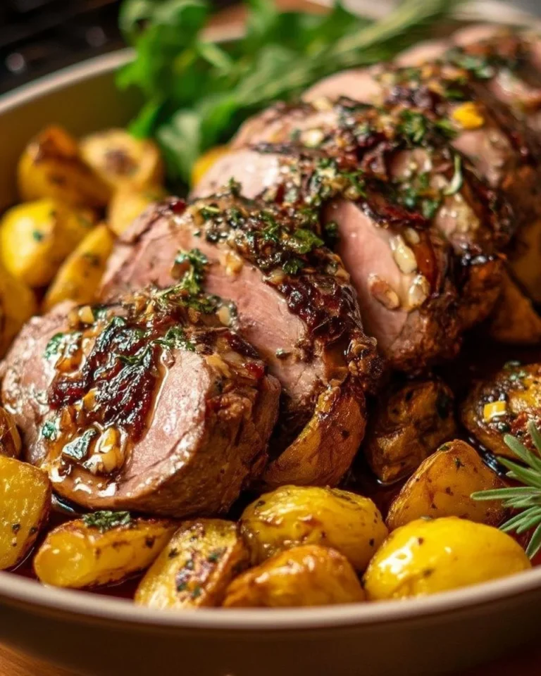 Rôti d'agneau aux herbes avec pommes de terre rôties, plat savoureux et festif.
