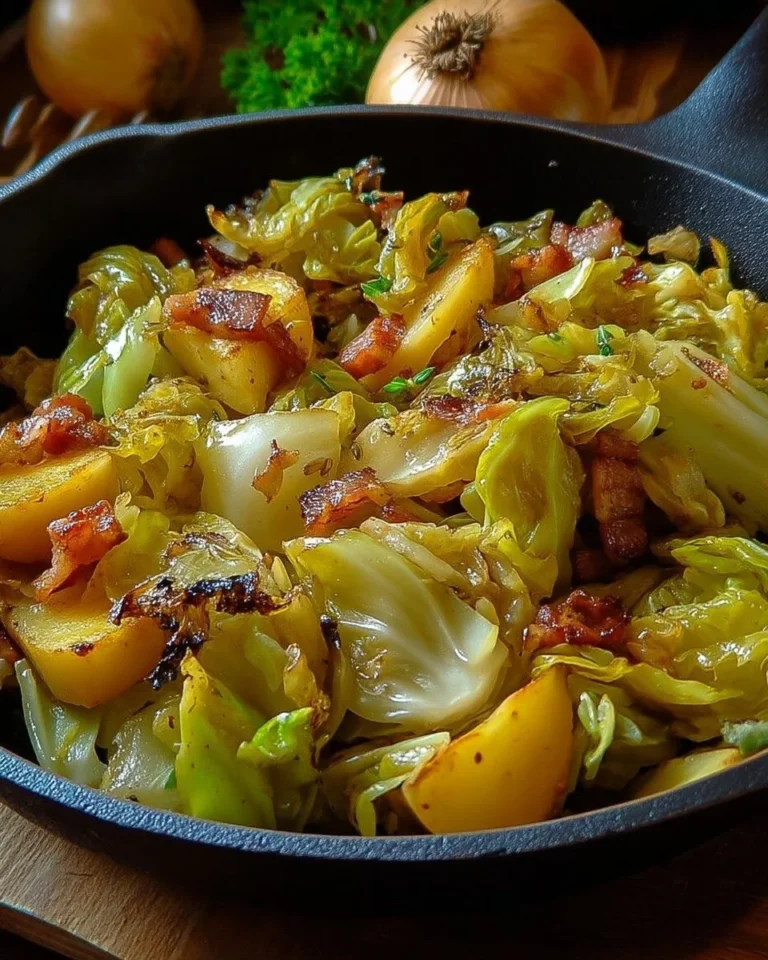 Rustique sauté de chou, pommes de terre et lardons dans une poêle.