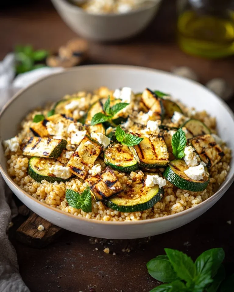 Salade de boulgour garnie de courgettes grillées et feta fraîche