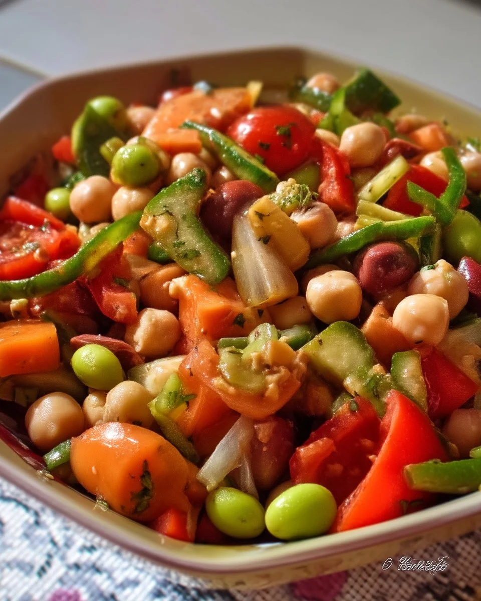 Salade colorée de légumineuses, garnie de légumes frais et d'herbes