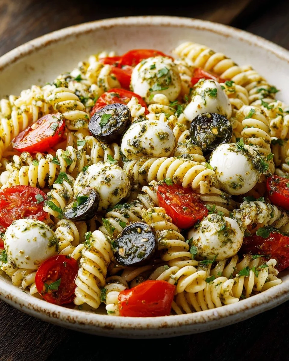 Salade de pâtes à la mozzarella avec des légumes frais