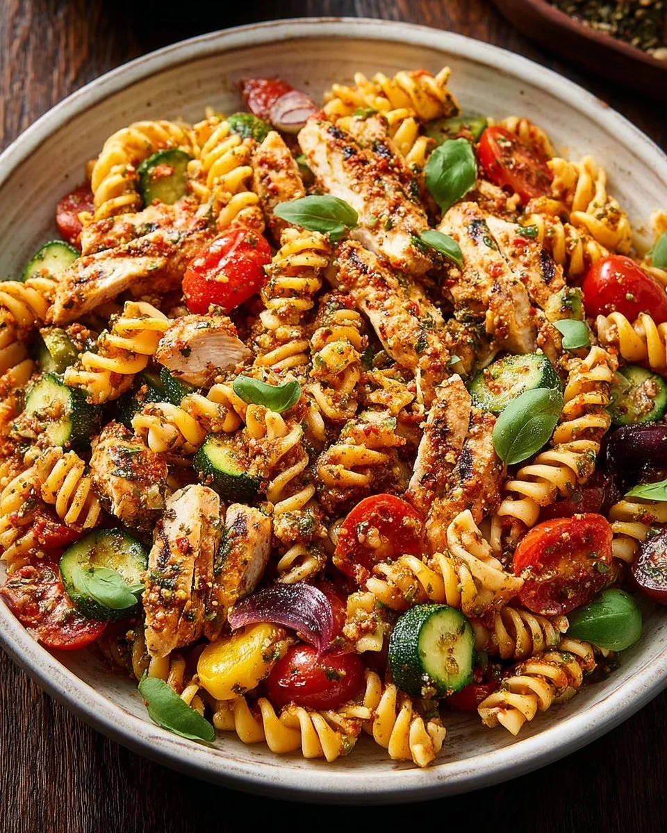 Salade de pâtes au pesto rosso avec poulet grillé dans un bol frais