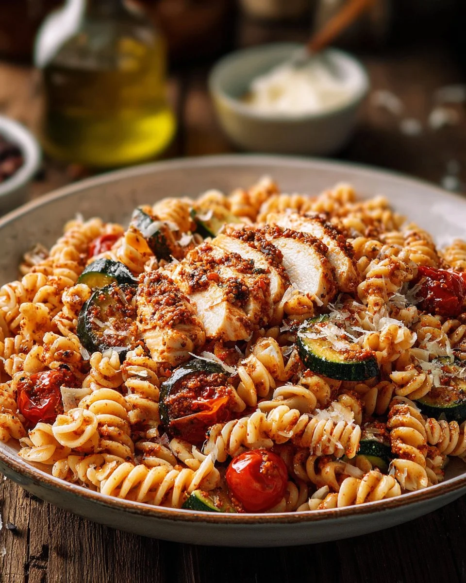 Salade de pâtes au pesto rouge avec courgettes