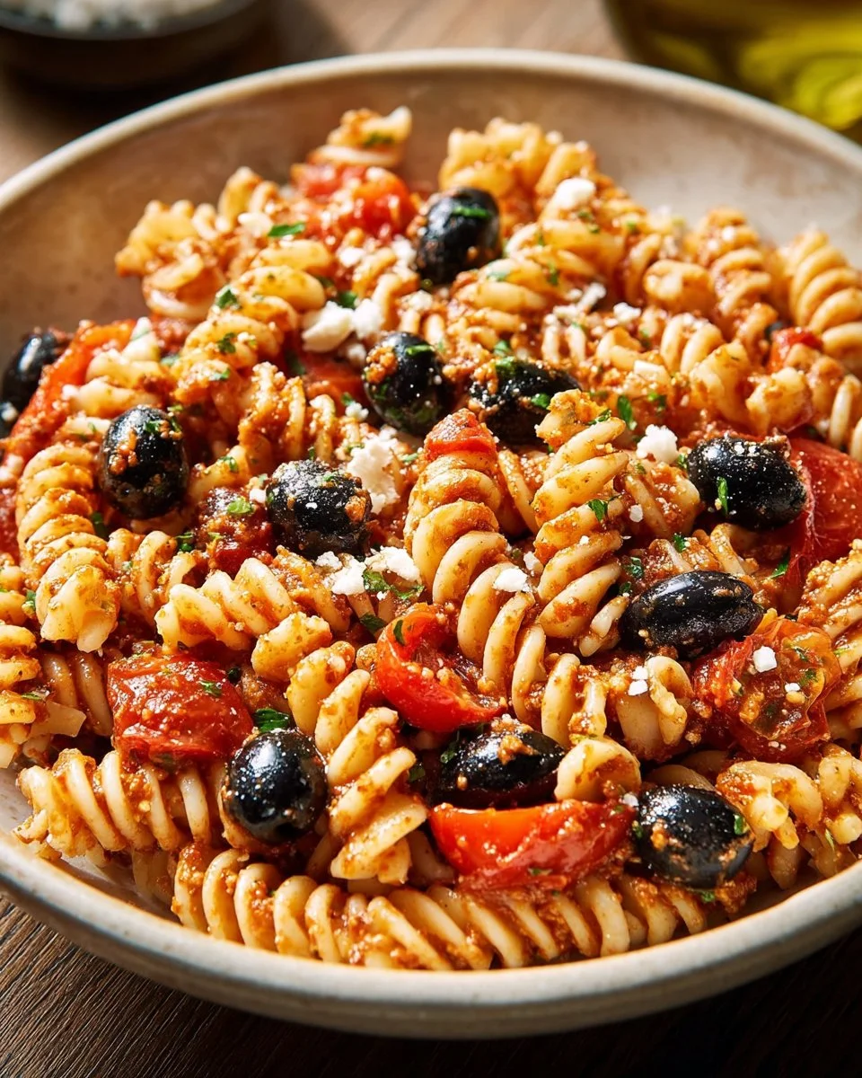 Salade de pâtes au pesto rouge avec olives noires dans un plat coloré