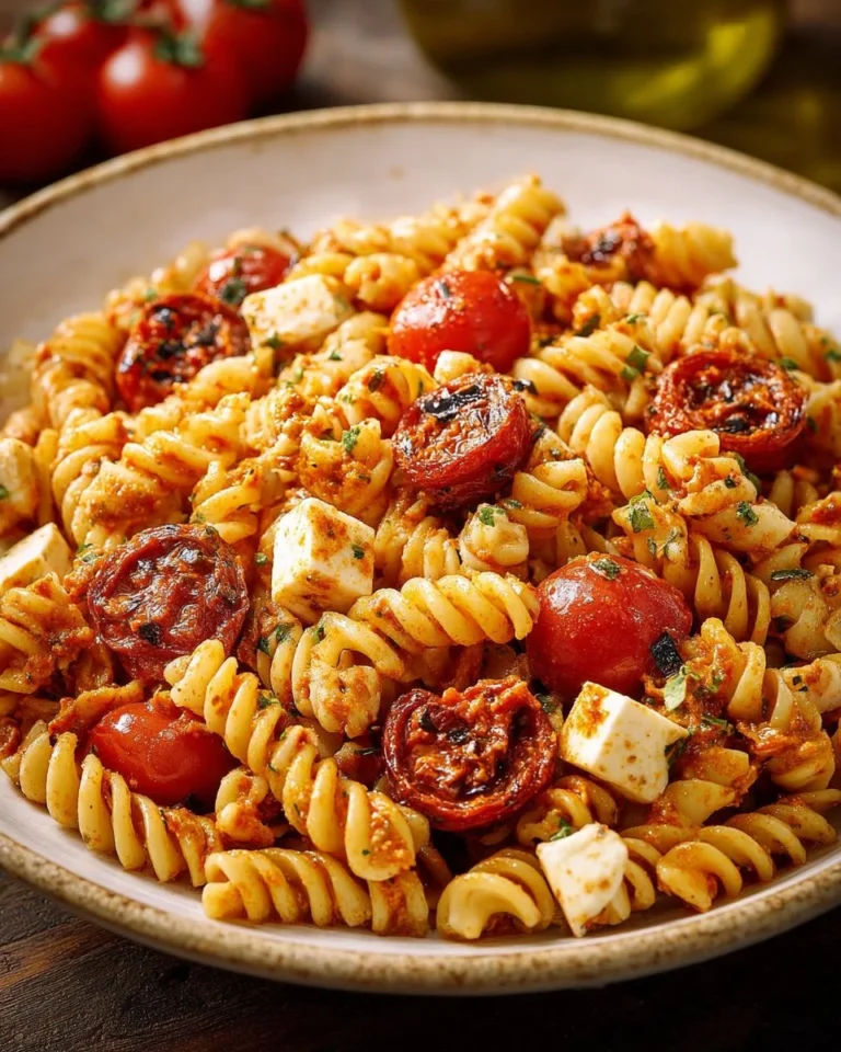 Salade de pâtes au pesto rouge servie avec des tomates cerises