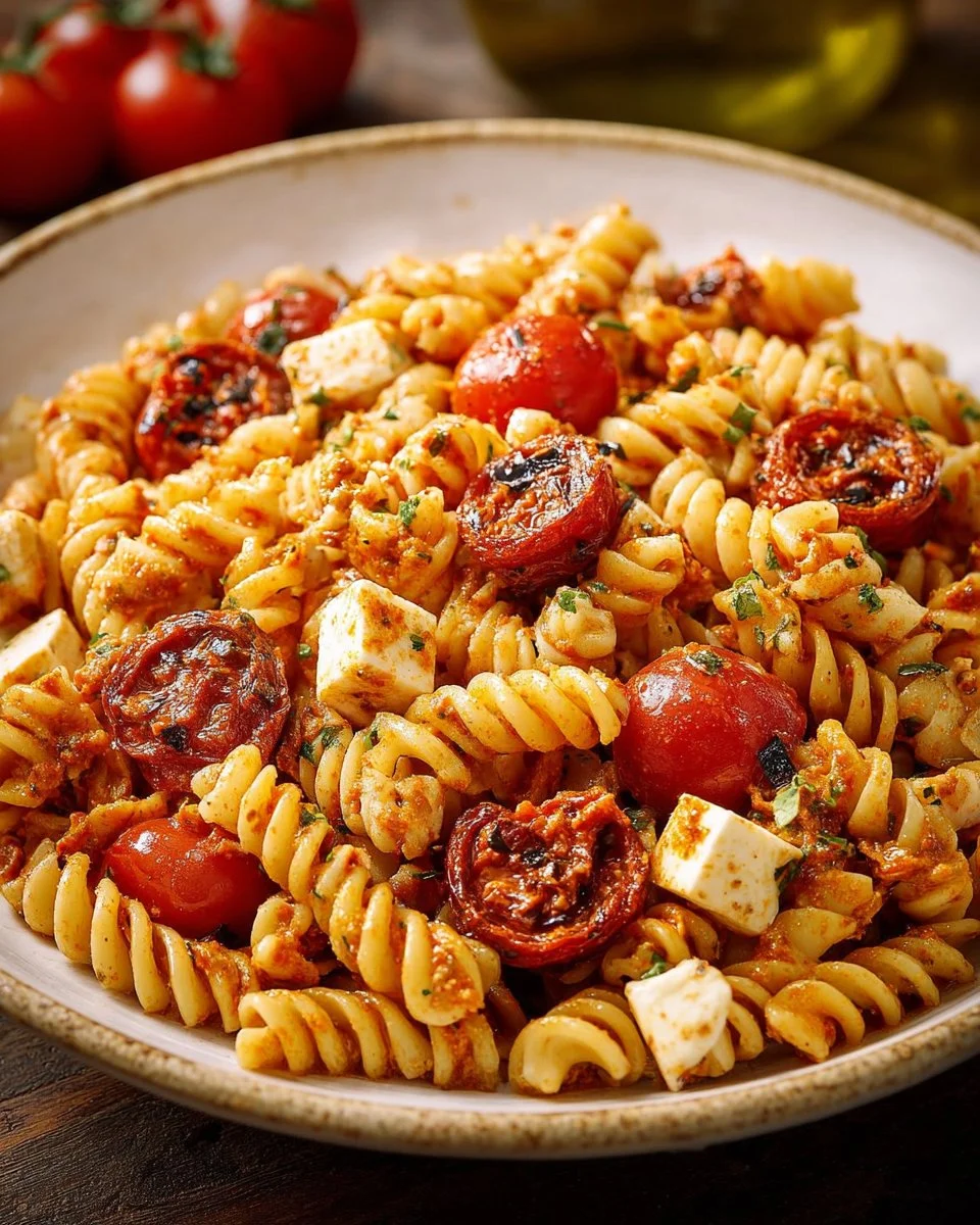 Salade de pâtes au pesto rouge servie avec des tomates cerises