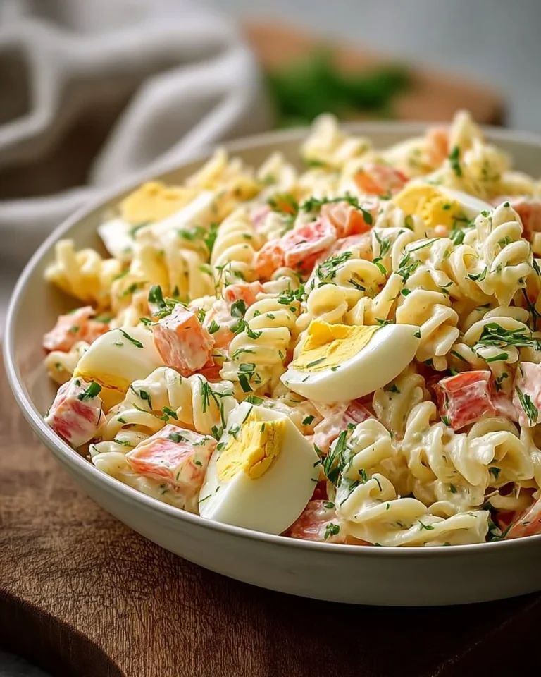 Salade de pâtes aux surimis et œufs durs, plat coloré et savoureux