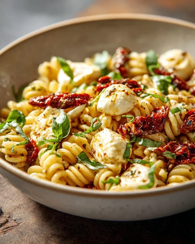 Salade de pâtes avec tomates séchées et mozzarella, plat frais et savoureux.